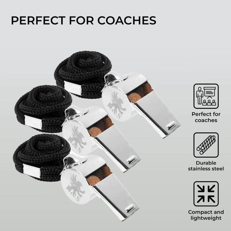 H&S صافرات حكام H&S للتخييم في الهواء الطلق - 3 قطع من صافرات المدربين والحكام المصنوعة من الفولاذ المقاوم للصدأ للرياضة وتدريب الكلاب - صفارة كرة القدم مع حبل للمعلمين - Image 3