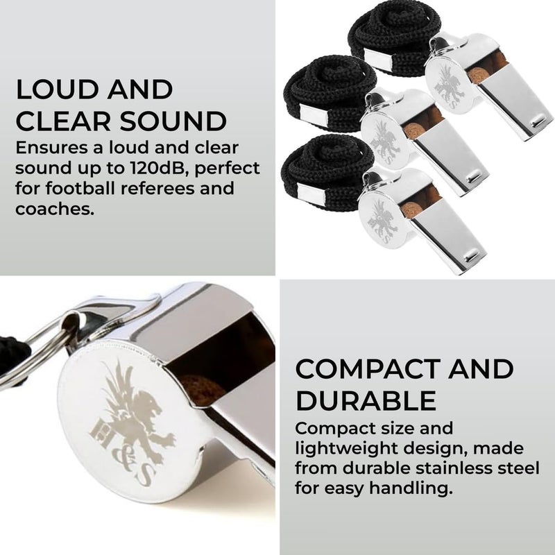H&S صافرات حكام H&S للتخييم في الهواء الطلق - 3 قطع من صافرات المدربين والحكام المصنوعة من الفولاذ المقاوم للصدأ للرياضة وتدريب الكلاب - صفارة كرة القدم مع حبل للمعلمين - Image 2