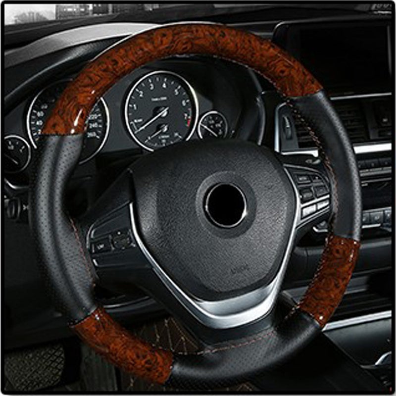 Hand Stitched Universal Steering Wheel Cover Wood Grain Coffee Coffee