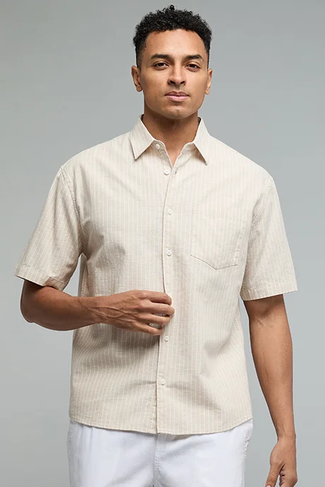 أر أند بي Striped Shirt with Classic Collar and Short Sleeves