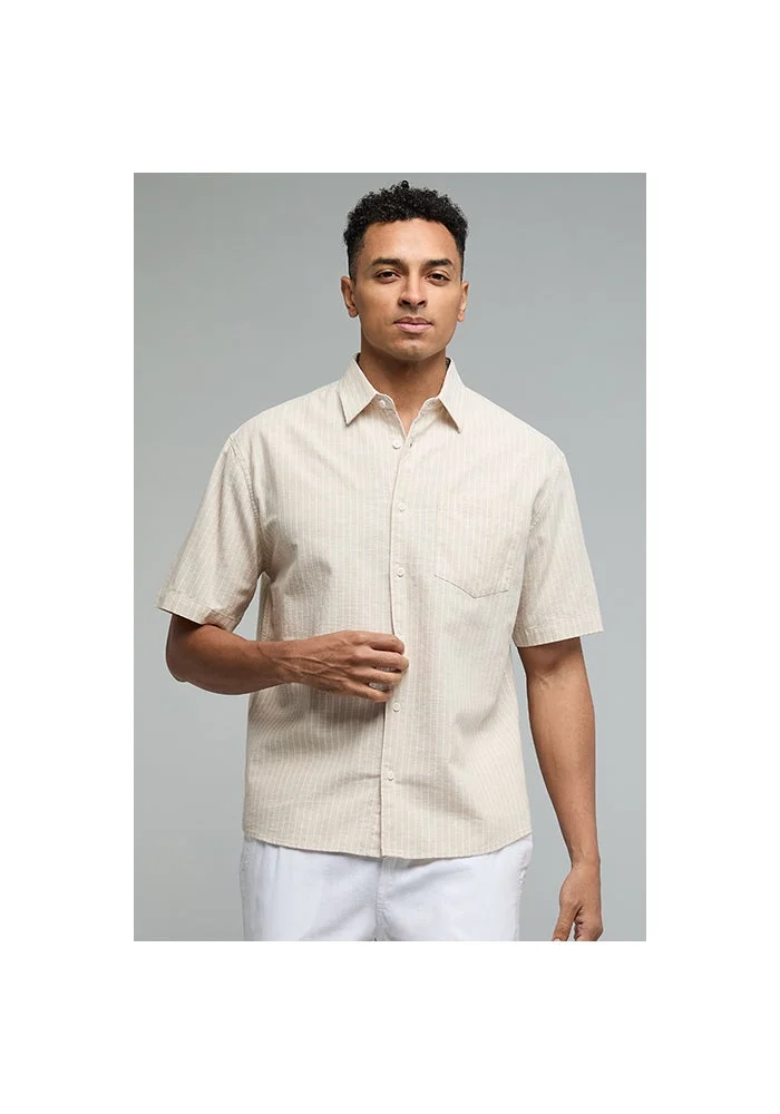 أر أند بي Striped Shirt with Classic Collar and Short Sleeves