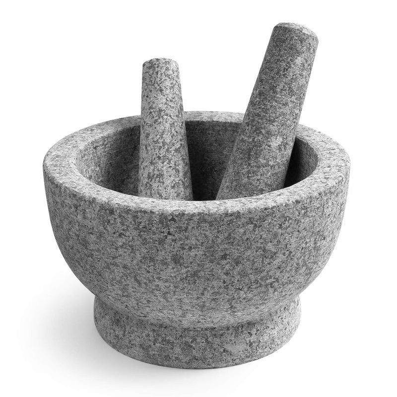 TENINYU 8 Inch Large Capacity Mortar and Pestle Set  One Mortar and Two Pestels  Natural 5 Cups Unpolished Heavy Granite for Apothecary Kitchen 