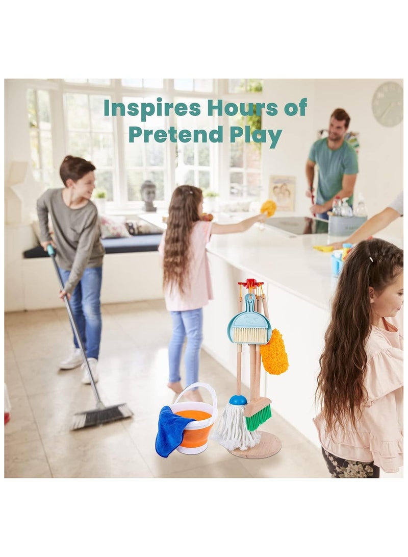 Kids Cleaning Toy Set, 9 Piece Wooden Detachable Children Cleaning Toys - Broom, Mop, Duster, Brush, Dustpan, Bucket, Dish Cloth, and Hanging Stand Housekeeping Kit  - Image 5