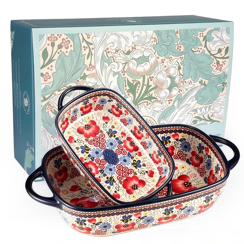 Moqidadii Polish Pottery Style Ceramic Baking Dish Set, 2-Piece Casserole Bakers for 2â€“3 People, Floral Decorative Bakeware, Oven Safe Lasagna Pan, Microwave Dishwasher Safe, Gift-Ready, Protective Packaging - Image 1