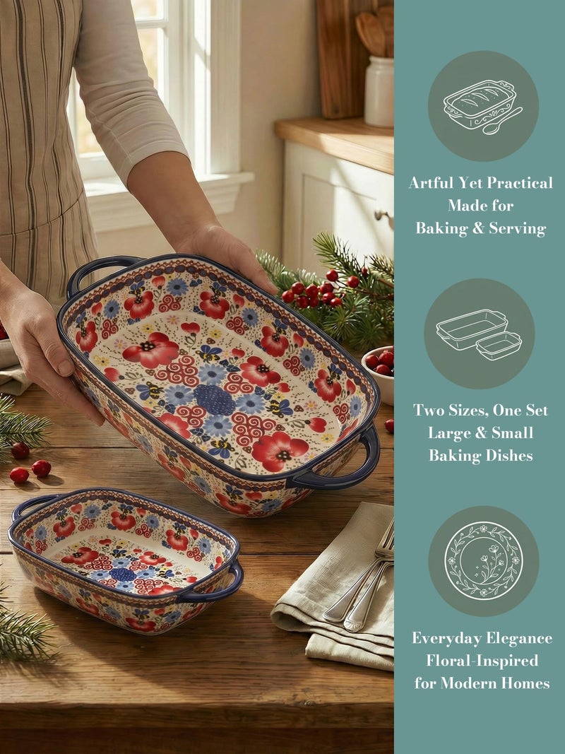 Moqidadii Polish Pottery Style Ceramic Baking Dish Set, 2-Piece Casserole Bakers for 2â€“3 People, Floral Decorative Bakeware, Oven Safe Lasagna Pan, Microwave Dishwasher Safe, Gift-Ready, Protective Packaging - Image 2