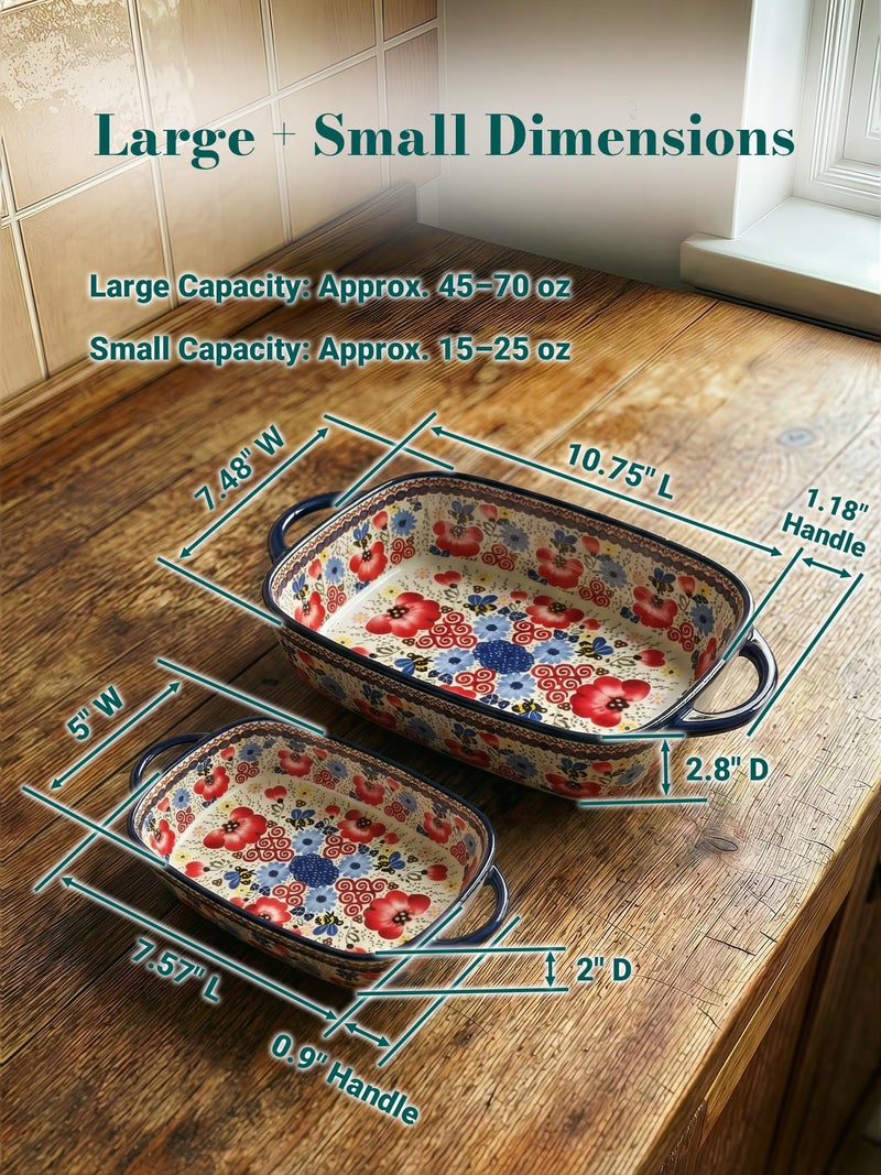 Moqidadii Polish Pottery Style Ceramic Baking Dish Set, 2-Piece Casserole Bakers for 2â€“3 People, Floral Decorative Bakeware, Oven Safe Lasagna Pan, Microwave Dishwasher Safe, Gift-Ready, Protective Packaging - Image 4