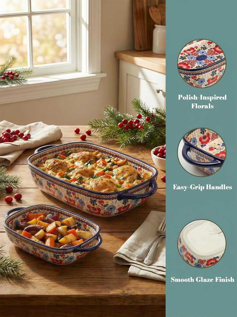 Moqidadii Polish Pottery Style Ceramic Baking Dish Set, 2-Piece Casserole Bakers for 2â€“3 People, Floral Decorative Bakeware, Oven Safe Lasagna Pan, Microwave Dishwasher Safe, Gift-Ready, Protective Packaging - Image 5