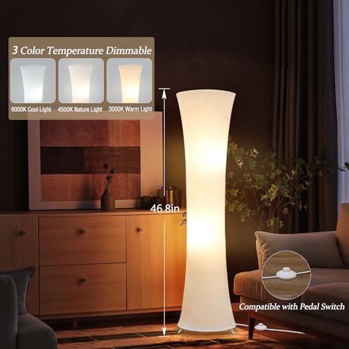 GyroVu 46“ Floor Lamp for Living Room, 3 Color Temperature Led Floor Lamps Column Floor Standing Lamp Corner Lamp for Bedroom, Office& Living Room-White Fabric Lampshade, Bulbs Include - Image 2