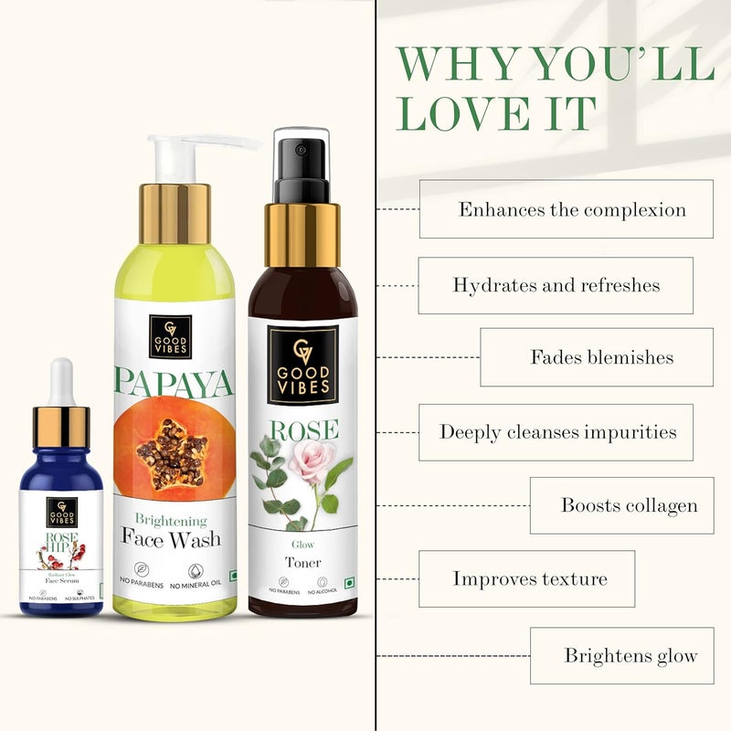 Good Vibes Skincare Combo For Glowing Skin Papaya Brightening Face Wash 120 ml Rose Glow Toner 120 ml Rose Hip Radiant Glow Face Serum 10 ml Suitable For All Skin Types No Parabens Sulphates - Image 2