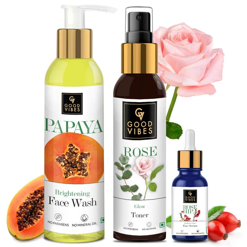 Good Vibes Skincare Combo For Glowing Skin Papaya Brightening Face Wash 120 ml Rose Glow Toner 120 ml Rose Hip Radiant Glow Face Serum 10 ml Suitable For All Skin Types No Parabens Sulphates - Image 1