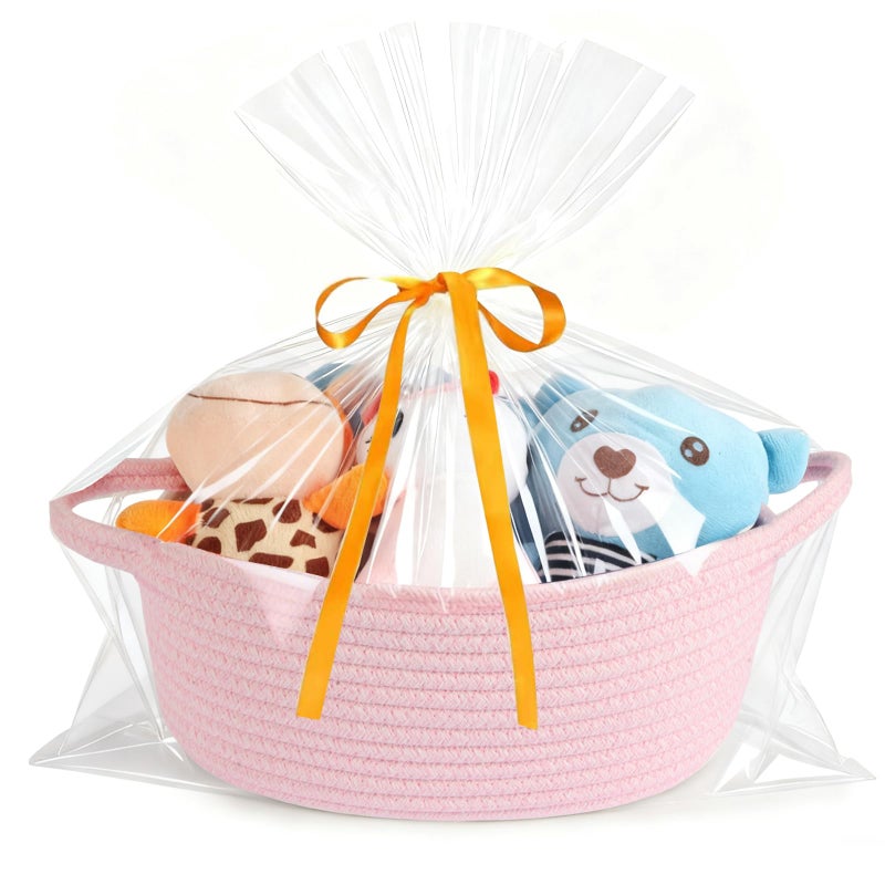 HOBASKET Small gift Basket with Bag and Ribbon IncludedCotton Rope Woven Storage Basket Pink Organic Cotton 12x8x5 Inches with HandlesCute Baby Toy Basket - Image 3