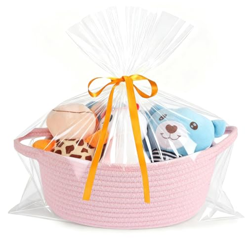 HOBASKET Small gift Basket with Bag and Ribbon IncludedCotton Rope Woven Storage Basket Pink Organic Cotton 12x8x5 Inches with HandlesCute Baby Toy Basket - Image 1