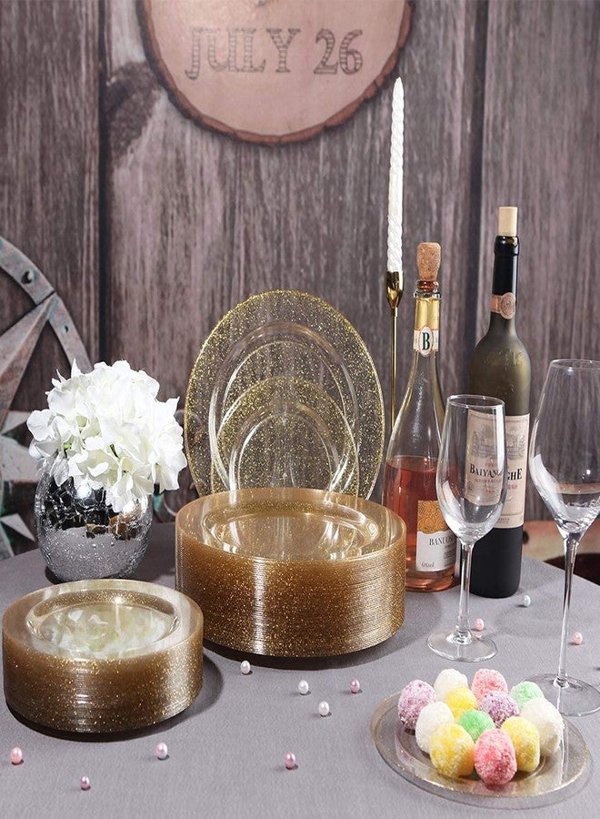 I00000 150PCS Gold Disposable Plates Silverware, Gold Glitter Dinnerware Set Include 25 Dinner Plates 10.25’’, 25 Dessert Plates 7.5’’, 25 cups 10 OZ, 25 Forks, 25 Knives, 25 Spoons for Wedding,Party - Image 2