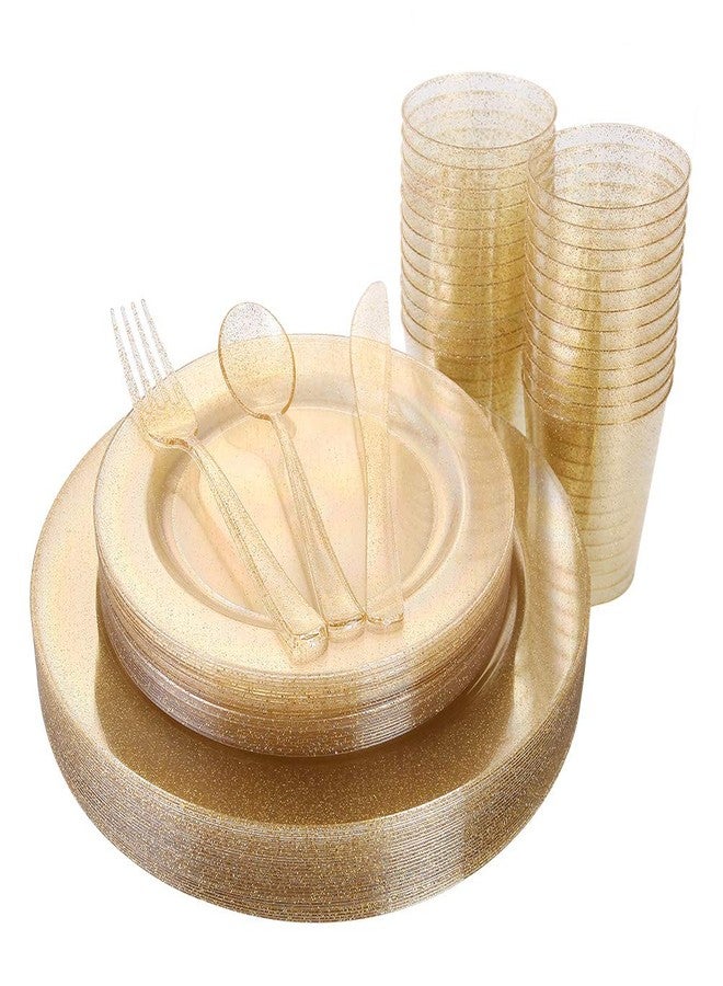 I00000 150PCS Gold Disposable Plates Silverware, Gold Glitter Dinnerware Set Include 25 Dinner Plates 10.25’’, 25 Dessert Plates 7.5’’, 25 cups 10 OZ, 25 Forks, 25 Knives, 25 Spoons for Wedding,Party - Image 1