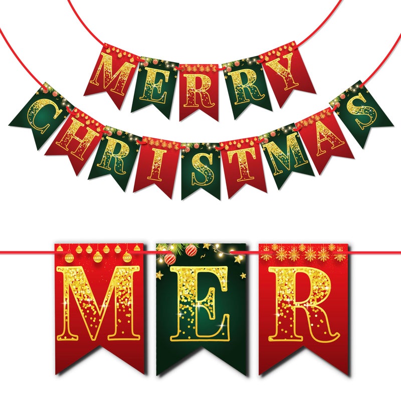 WOBBOX WOBBOX Christmas Decoration Golden Font Merry Christmas Red & Green Christmas Bunting Banner, Christmas Decorations Items  - Image 1