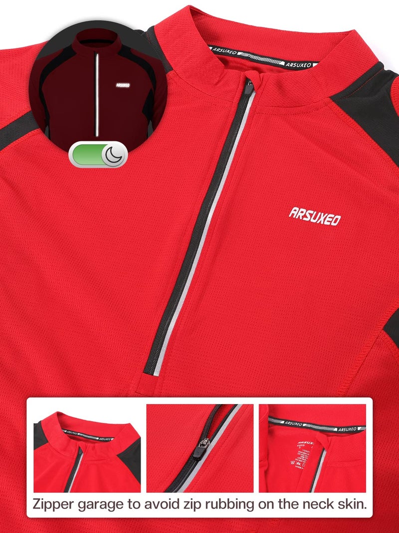 ARSUXEO Men's Half Zipper Cycling Jerseys Long Sleeves MTB Bike Shirts 6031 Red Size X-Large - Image 2