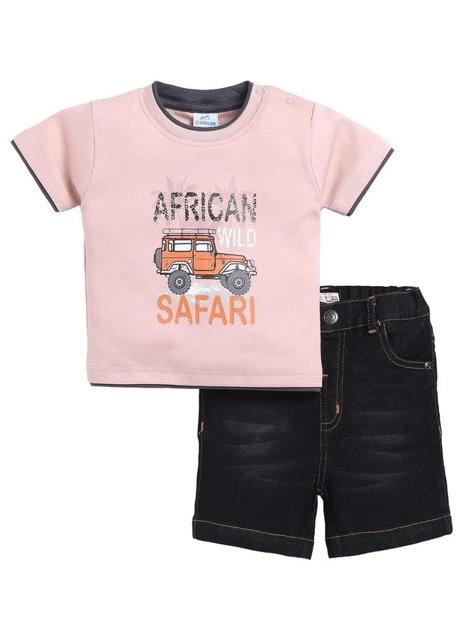 Dollar Junior Tiny Crews Baby Boys T-Shirt Pant Set - Peach-Black Denim, 6-9M - Image 1