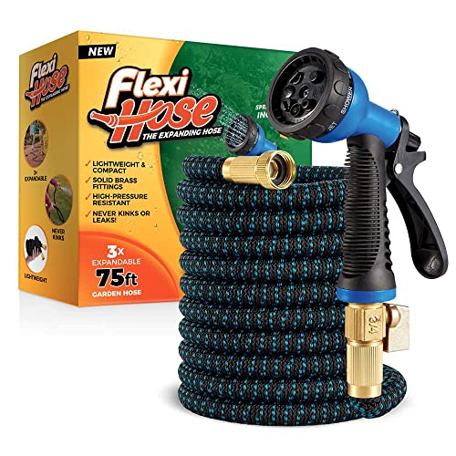 Flexi Hose with 8 Function Nozzle, 75FT - Lightweight Expandable Garden Hose, No-Kink Flexibility, 3/4 Inch Solid Brass Fittings and Double Latex Core - Image 1