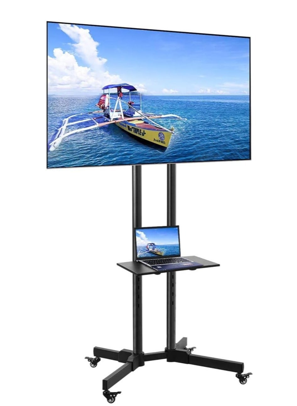 Mobile Rolling TV Cart with Lockable Wheels for 32-65inch LED Screen AV Carts & Stands, Tall TV Stand with Mount Height Adjustable Floor TV Stand Holds Up to 50KG Max VESA 600x400mm