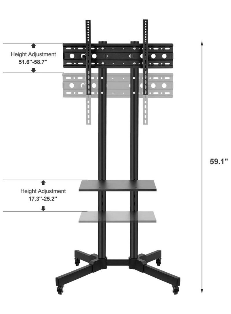 ELTRAZONE عربة تلفاز متحركة مع عجلات قابلة للقفل لشاشات LED من 32 إلى 65 بوصة، حامل تلفاز طويل مع ارتفاع قابل للتعديل، حامل تلفاز أرضي يتحمل حتى 50 كجم، VESA 600x400 مم - Image 4