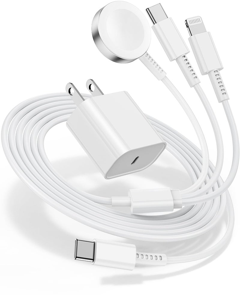 Hcoob for Apple Watch Charger Fast Charging,3 in 1 Multi Chargers Cable with 20W USB C Charger, iWatch Charger Cord 6FT for iWatch Series Ultra 3/2/SE 3/11/10/9/8/7/6/5/4/iPhone17 15 16 Pro Max/14/13/12/11 - Image 1