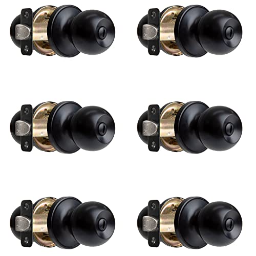 Crutello Privacy Door Knobs for Bed and Bath - Ball Style, Matte Black Interior Keyless Turn Thumb Locking Round Door Handle, Matte Black, 6 Pack - Image 1