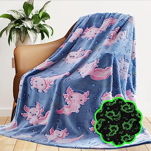 GEULAY Axolotl Blanket Glow in The Dark for Girls - Pink Axolotl Gifts for Teens Girls, Salamander Soft Blankets Cute Cozy Plush Toys for Kids Boys, Lightweight Fleece Throws for Couch & Bed Decor 50x60inch - Image 1