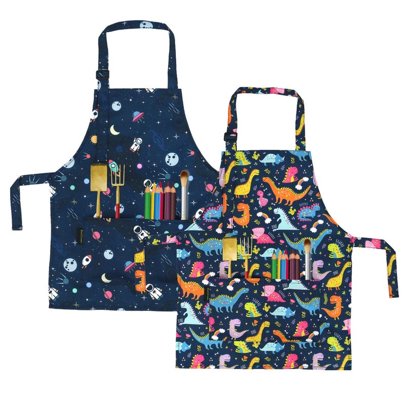 BeeGreen Kids Apron 2 Pack Cooking Aprons with Adjustable Strap Kids Kitchen Aprons with Front Pocket for Girls Toddler Painting Baking Artist Washable Foldable Lightweight DinosaursSpace Planets
