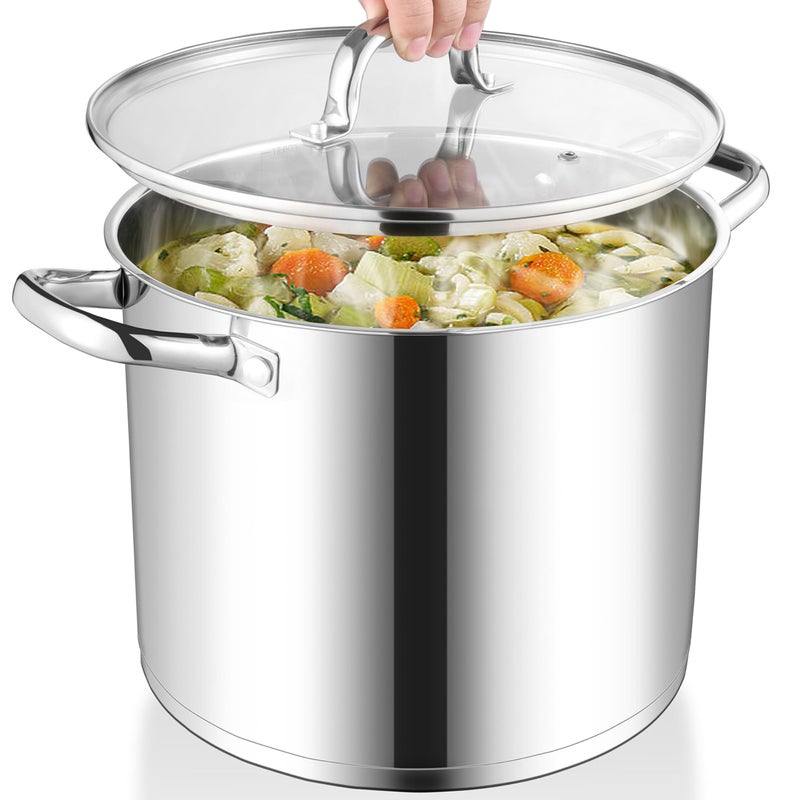 Herogo 12Quart 1810 Stainless Steel Stock Pot with Lid Large Heavy Duty Soup Pot Compatible with Electric Gas Induction and Various Cooktops Dishwasher Safe