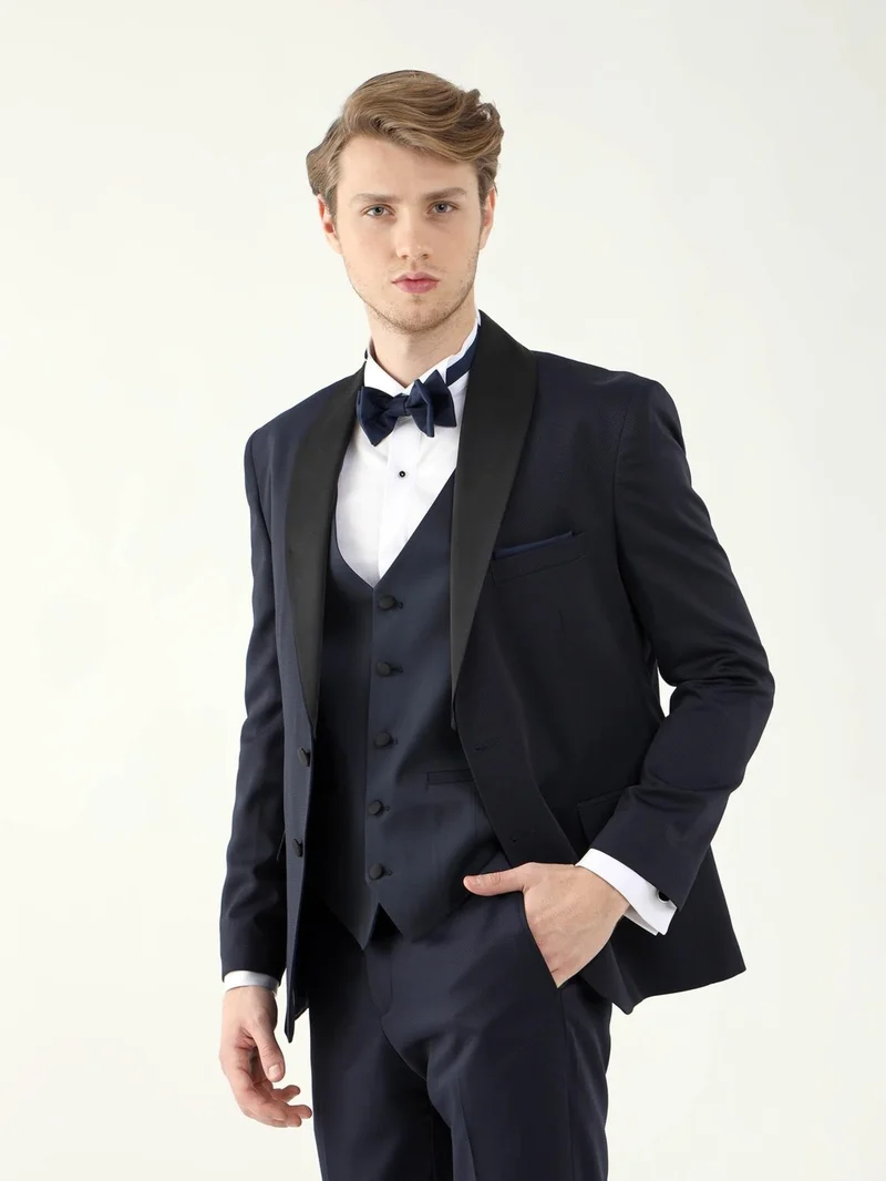 Dufy Navy Blue Men's Slim Fit Pointed Collar Tuxedo Suit