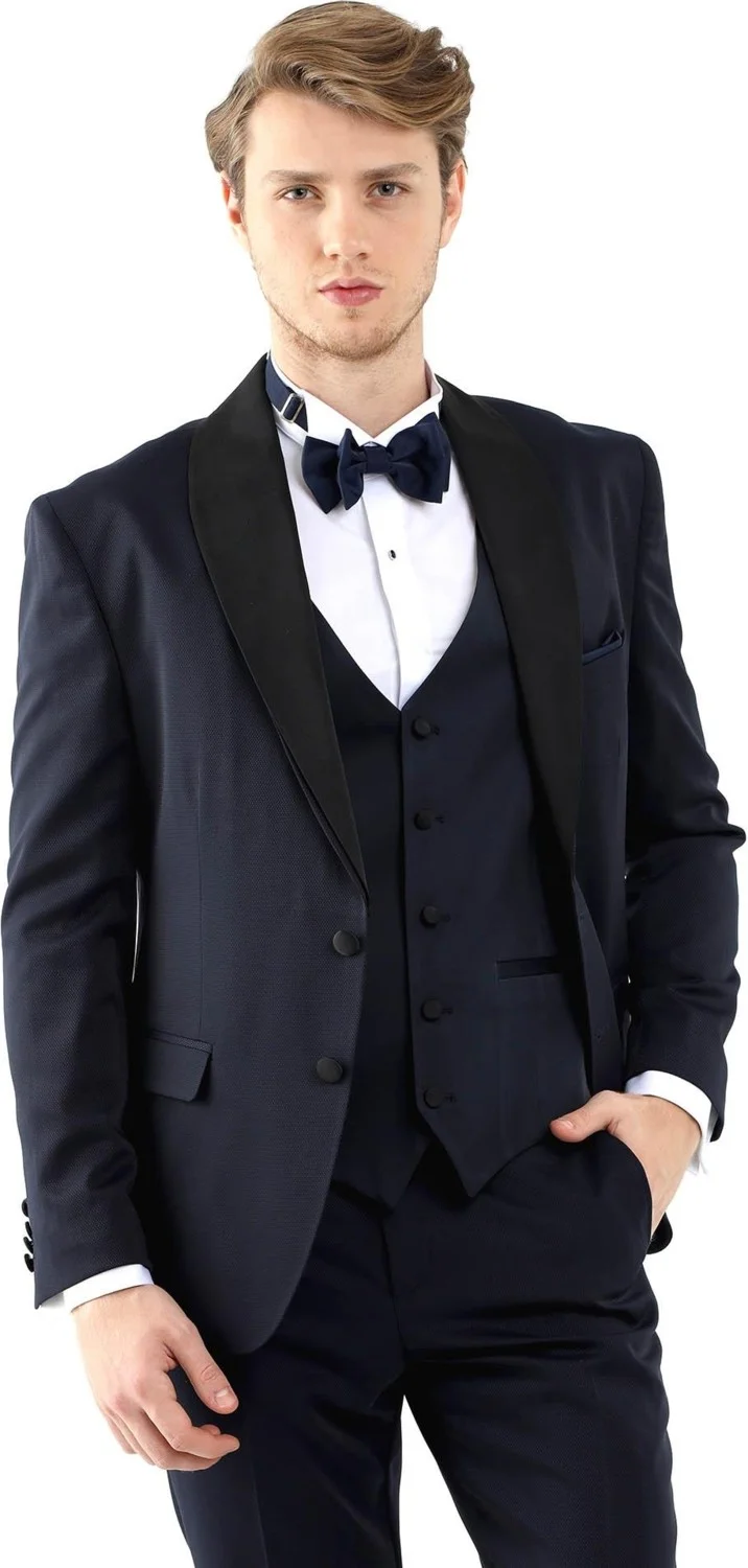 Dufy Navy Blue Men's Slim Fit Pointed Collar Tuxedo Suit