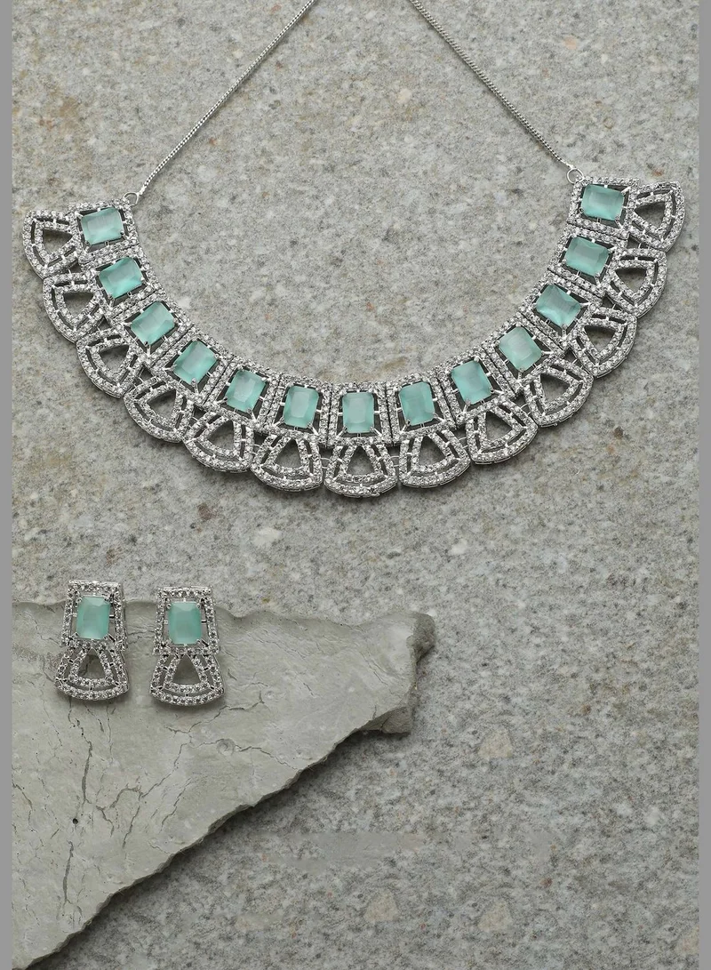 SOHI Silver Plated American Diamond and Designer Stone Necklace and Earring Set