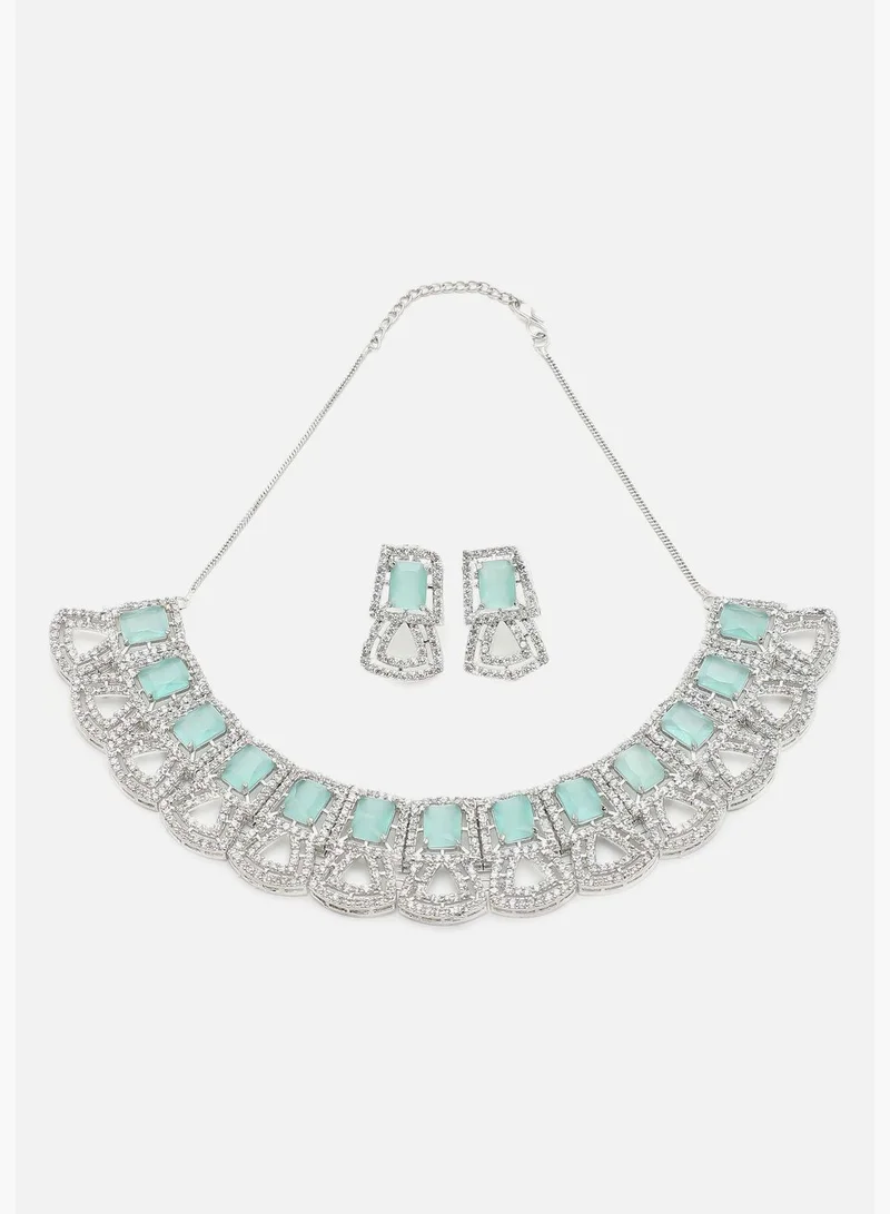 SOHI Silver Plated American Diamond and Designer Stone Necklace and Earring Set