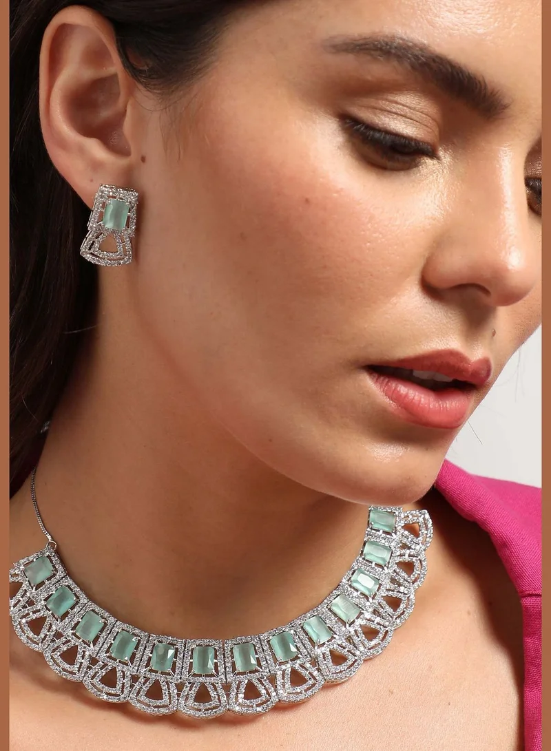 SOHI Silver Plated American Diamond and Designer Stone Necklace and Earring Set