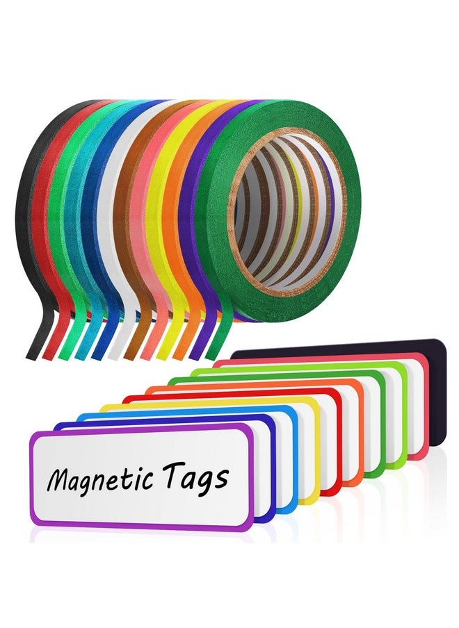 Fainne Fainne 12 Roll 1/8 Whiteboard Thin Tape with 54 Magnetic Dry Erase Label Name Plate Tag Magnetic Name Tag Magnet Label Pinstriping Tape for Whiteboard School Office Supplies (Classic,3.2 x 1.2 in)  - Image 1