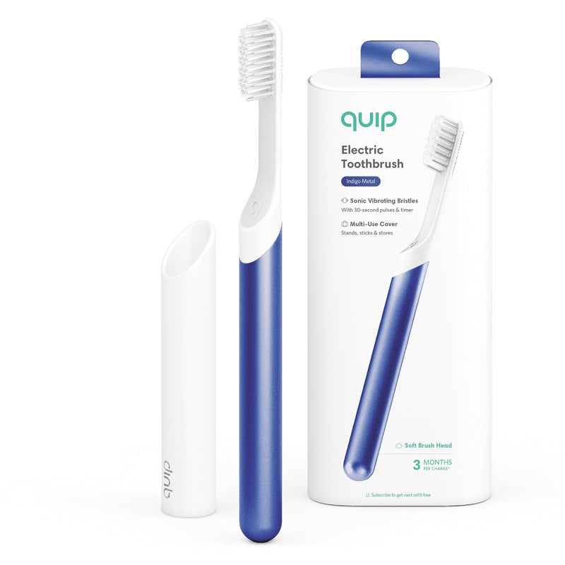 quip Quip Sonic Toothbrush for Adults Timed Electric Toothbrush with Cover Replaceable Brush Head Soft Bristles Metal Handle 3 Month Battery Life Travel Toothbrush Indigo 
