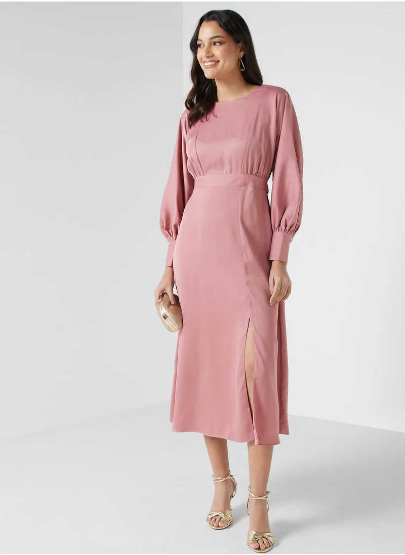 Closet London Puff Sleeves Tie Detail Satin Dress