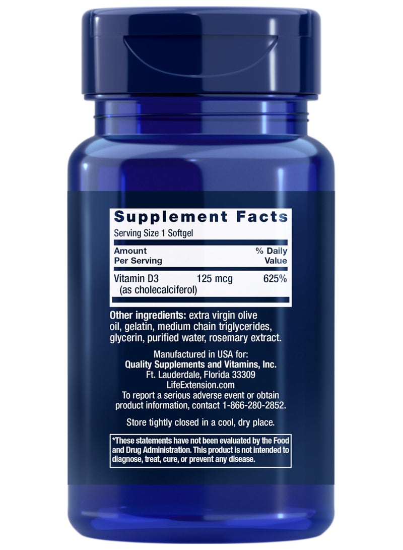 Life Extension Vitamin D3 125 mcg (5000 IU), Bone Health, Brain Performance, Immune System Support, Gluten-Free, Non-GMO, Once Daily, Two-Month Supply, 60 Softgels - Image 3