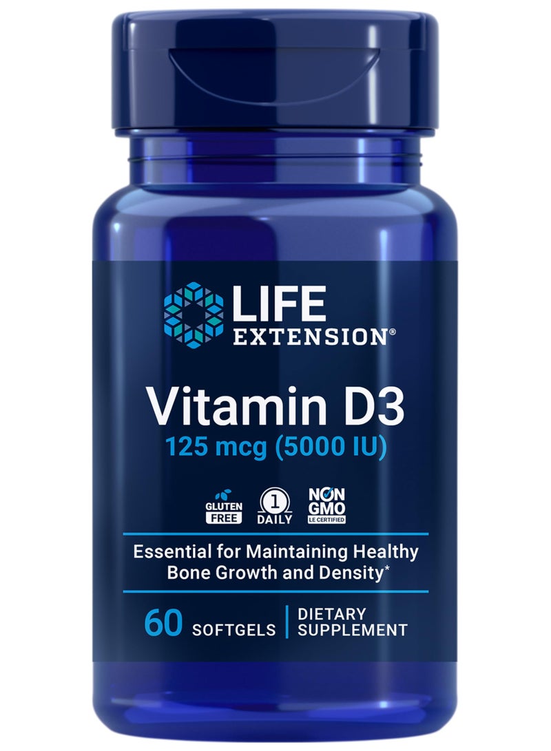 Life Extension Vitamin D3 125 mcg (5000 IU), Bone Health, Brain Performance, Immune System Support, Gluten-Free, Non-GMO, Once Daily, Two-Month Supply, 60 Softgels - Image 1