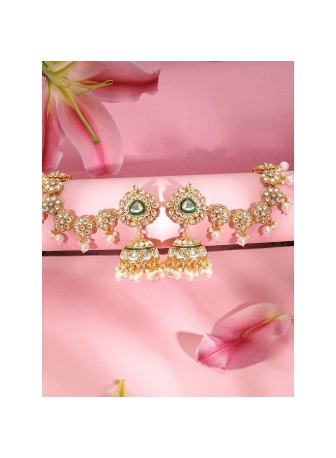 Rubans 22K Gold Plated Handcrafted Traditional Floral Motif Kundan Kan Chain Earrings for Women and Girls with Pearls and Green Enamel Detailing, Perfect for Festive and Wedding Occasions - Image 2