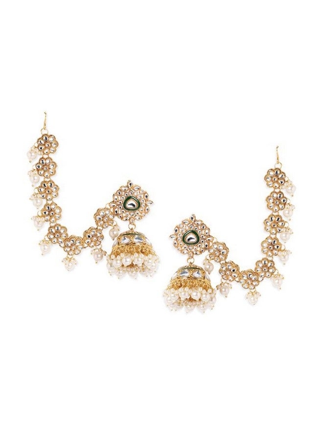 Rubans 22K Gold Plated Handcrafted Traditional Floral Motif Kundan Kan Chain Earrings for Women and Girls with Pearls and Green Enamel Detailing, Perfect for Festive and Wedding Occasions - Image 1