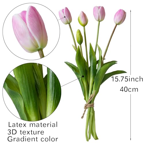 DUYONE 15pcs Artificial Tulips Flowers Latex Bouquet Fake Tulips for Office Wedding Party Home Kitchen Garden DecorationB Baby Pink - Image 3