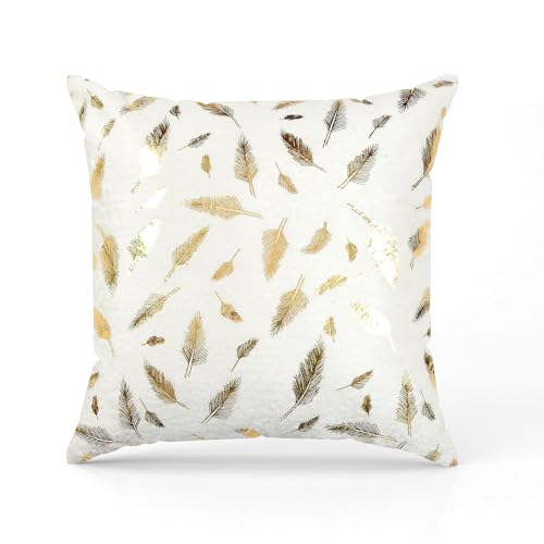Urvaan Fur Velvet Golden Feather Cushion Cover, Set of 5, 16X16 Inch, White - Image 3
