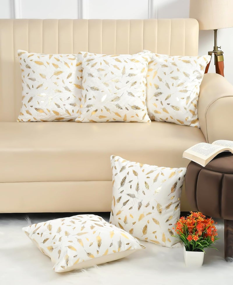 Urvaan Fur Velvet Golden Feather Cushion Cover, Set of 5, 16X16 Inch, White - Image 1