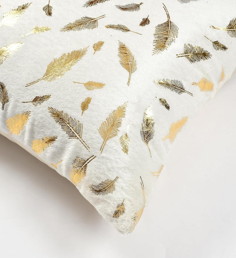 Urvaan Fur Velvet Golden Feather Cushion Cover, Set of 5, 16X16 Inch, White - Image 2