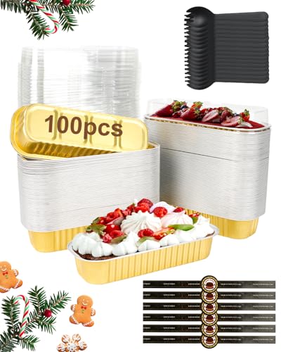 YQER 100 Pack Gold Mini Cake Pans with Lids and Spoons 68 oz Disposable Aluminum Foil Mini Loaf Pans with Stickers Individual Elegant Dessert Cake Tins Containers for Weddings Parties Bake Sales - Image 1