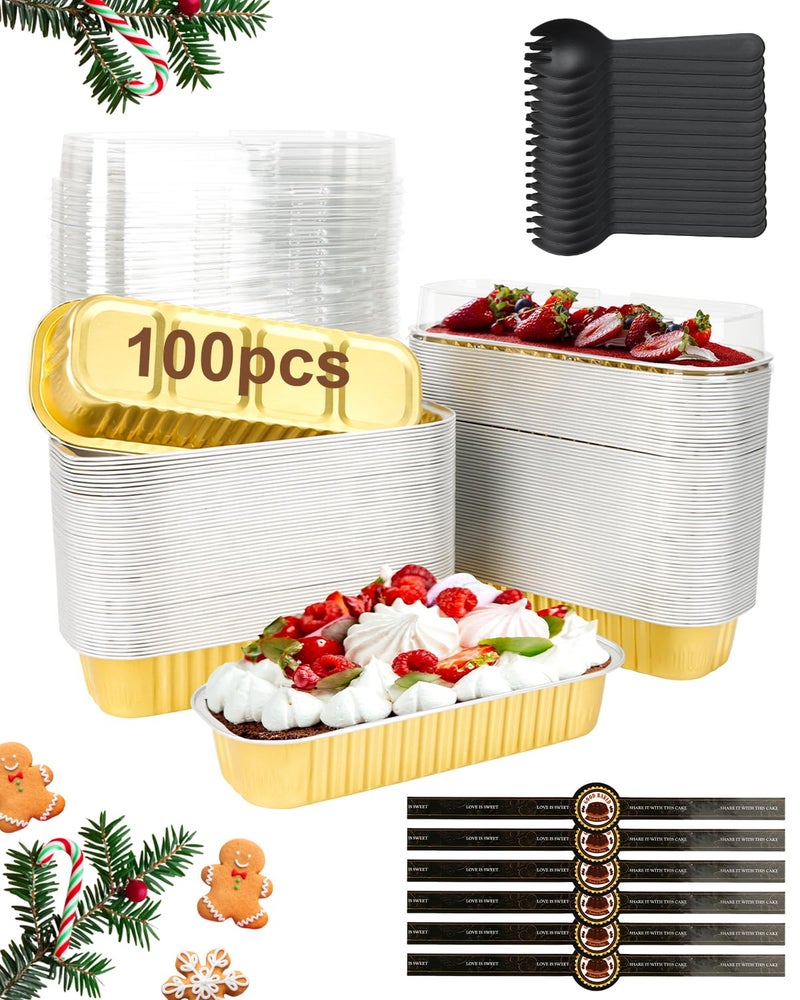 YQER 100 Pack Gold Mini Cake Pans with Lids and Spoons 68 oz Disposable Aluminum Foil Mini Loaf Pans with Stickers Individual Elegant Dessert Cake Tins Containers for Weddings Parties Bake Sales - Image 2