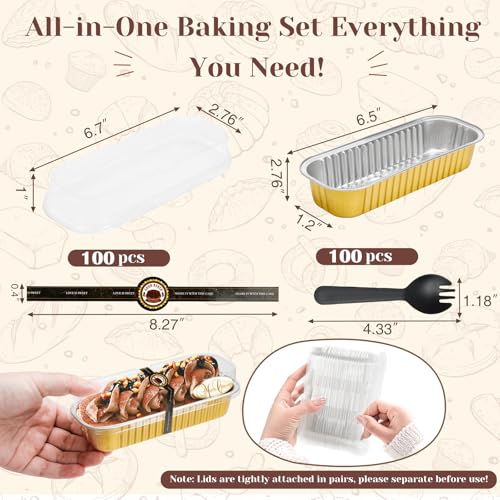 YQER 100 Pack Gold Mini Cake Pans with Lids and Spoons 68 oz Disposable Aluminum Foil Mini Loaf Pans with Stickers Individual Elegant Dessert Cake Tins Containers for Weddings Parties Bake Sales - Image 3