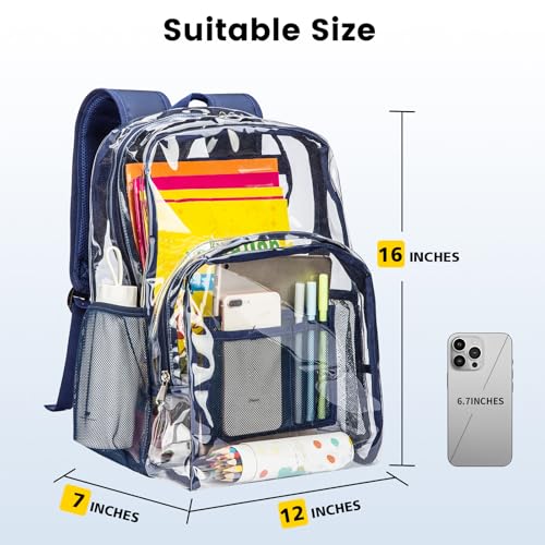 Vorspack Clear Backpack Heavy Duty PVC Transparent Backpack with Reinforced Strap Stitches & Large Capacity for College Workplace Security - Navy - Image 2