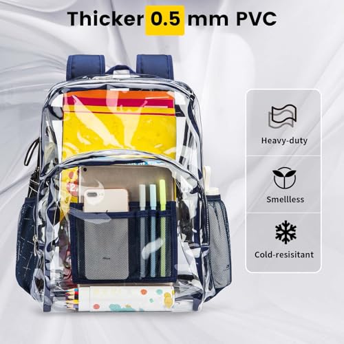 Vorspack Clear Backpack Heavy Duty PVC Transparent Backpack with Reinforced Strap Stitches & Large Capacity for College Workplace Security - Navy - Image 3
